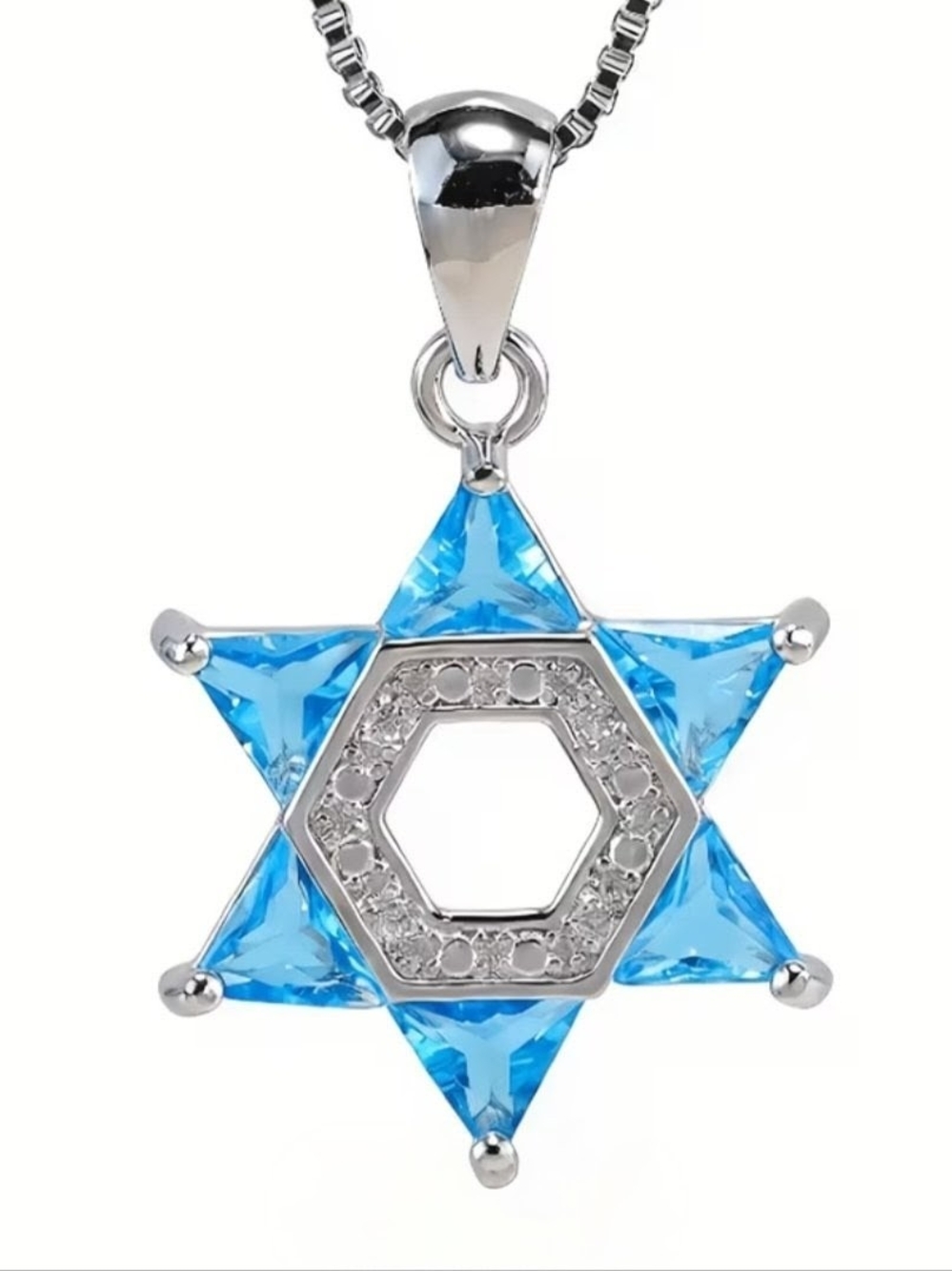 Blue Crystal Star of David Hexagon Pendant Necklace - Stainless S, w/ chain